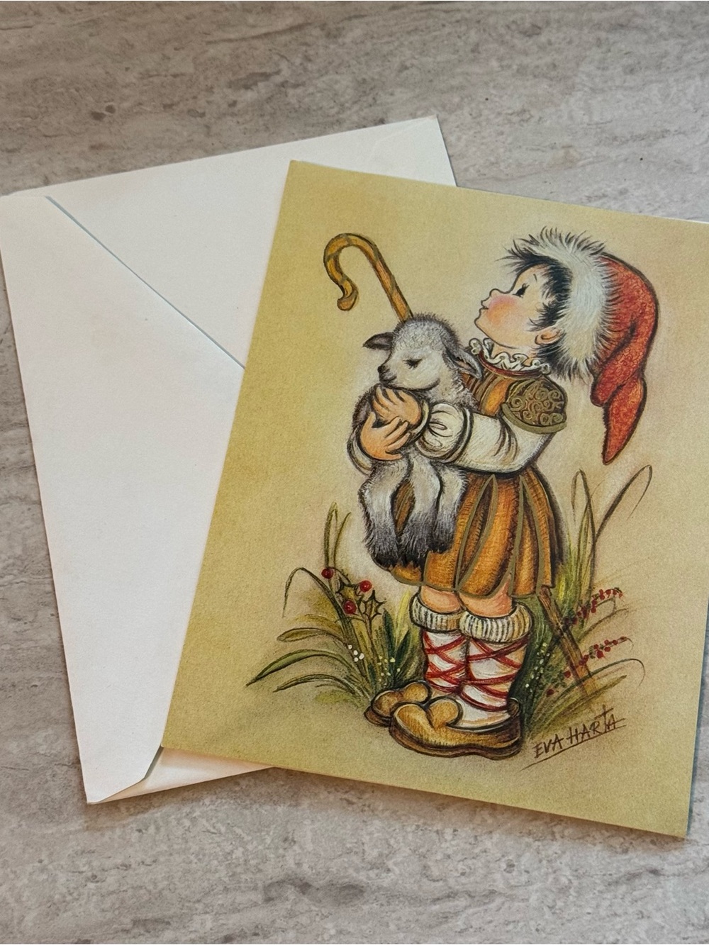 Christmas‎ Card Shepard Boy & Lamb w Envelope Vintage UNUSED